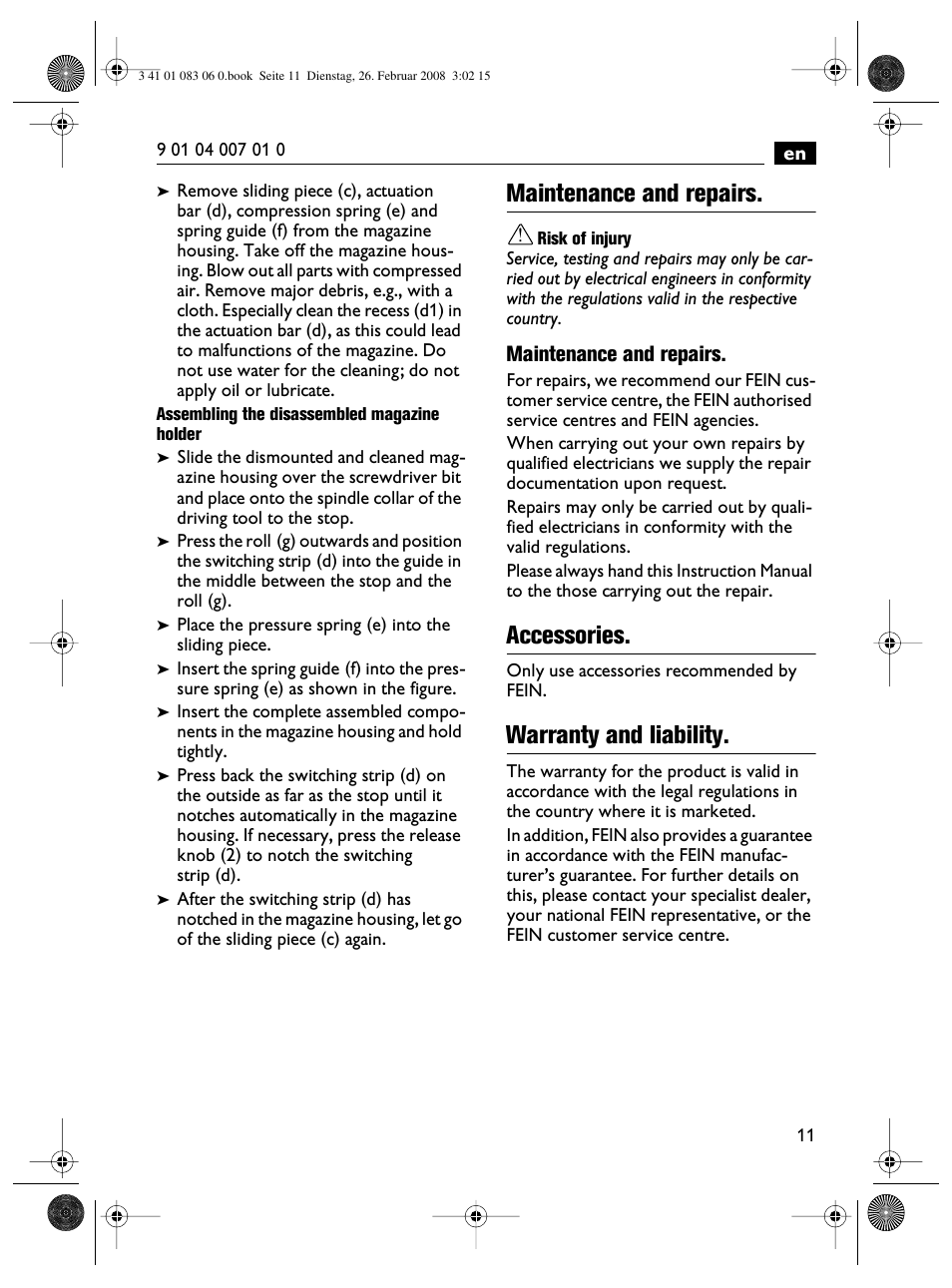 Maintenance and repairs, Accessories, Warranty and liability | Fein SCT5-40M магазин User Manual | Page 11 / 70