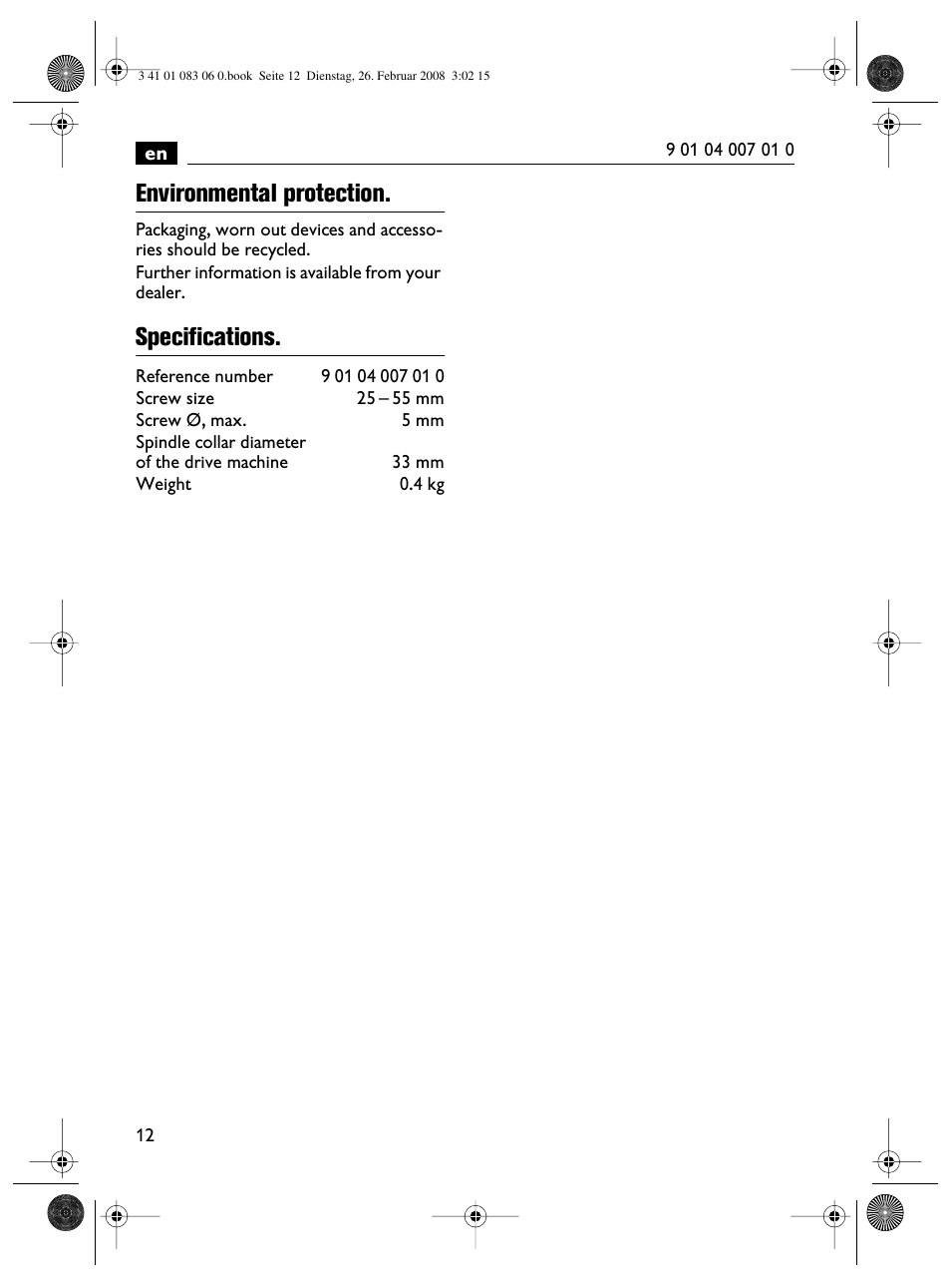 Environmental protection, Specifications | Fein SCT5-40M магазин User Manual | Page 12 / 70