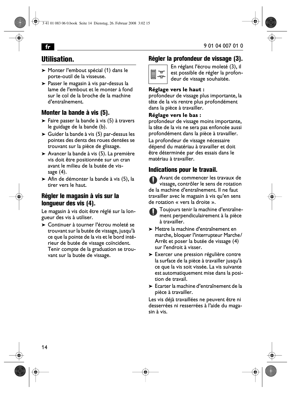 Utilisation, Monter la bande à vis (5), Régler la profondeur de vissage (3) | Indications pour le travail | Fein SCT5-40M магазин User Manual | Page 14 / 70