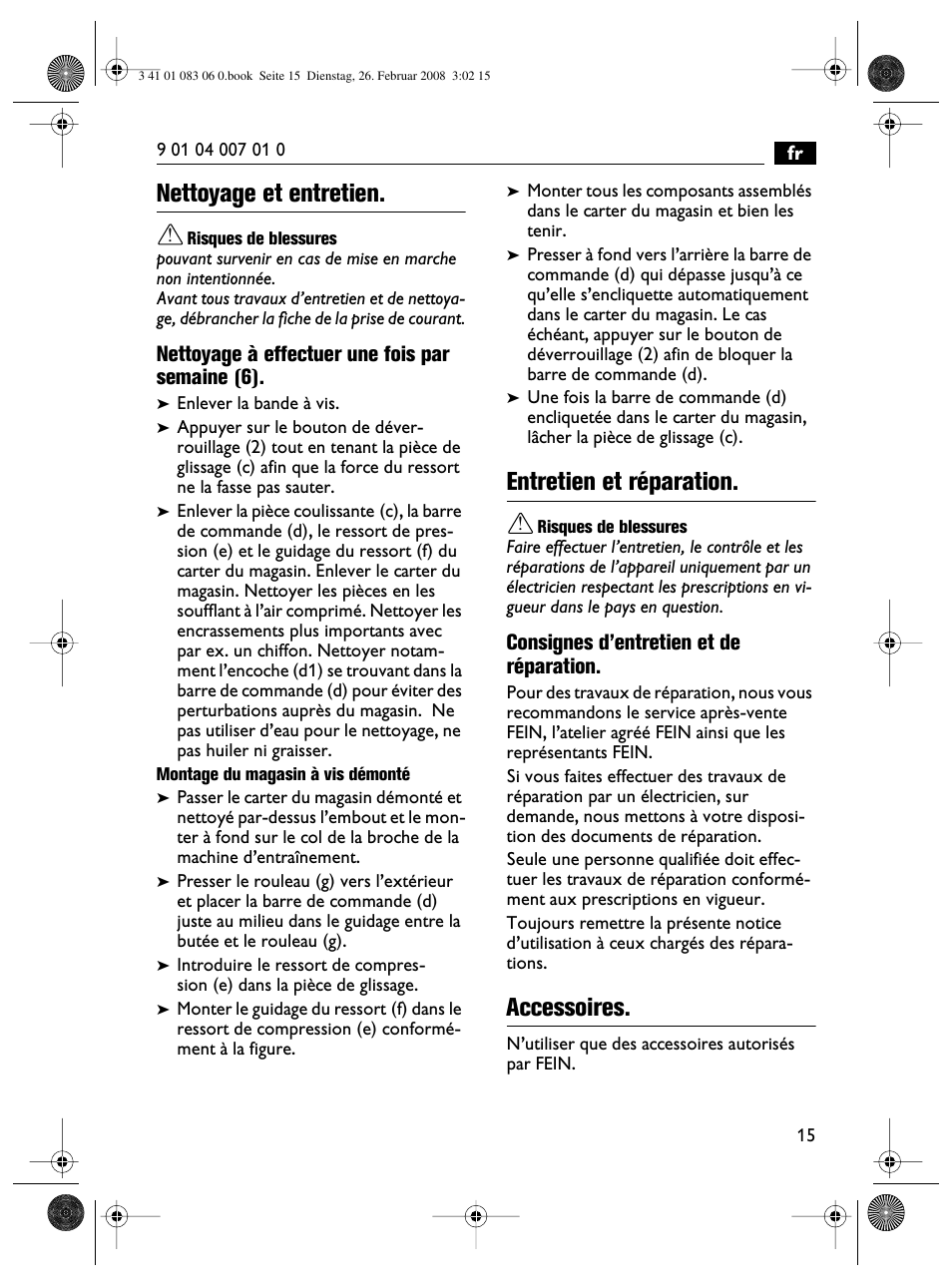 Nettoyage et entretien, Entretien et réparation, Accessoires | Fein SCT5-40M магазин User Manual | Page 15 / 70