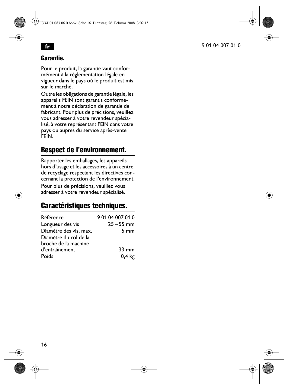 Respect de l’environnement, Caractéristiques techniques | Fein SCT5-40M магазин User Manual | Page 16 / 70