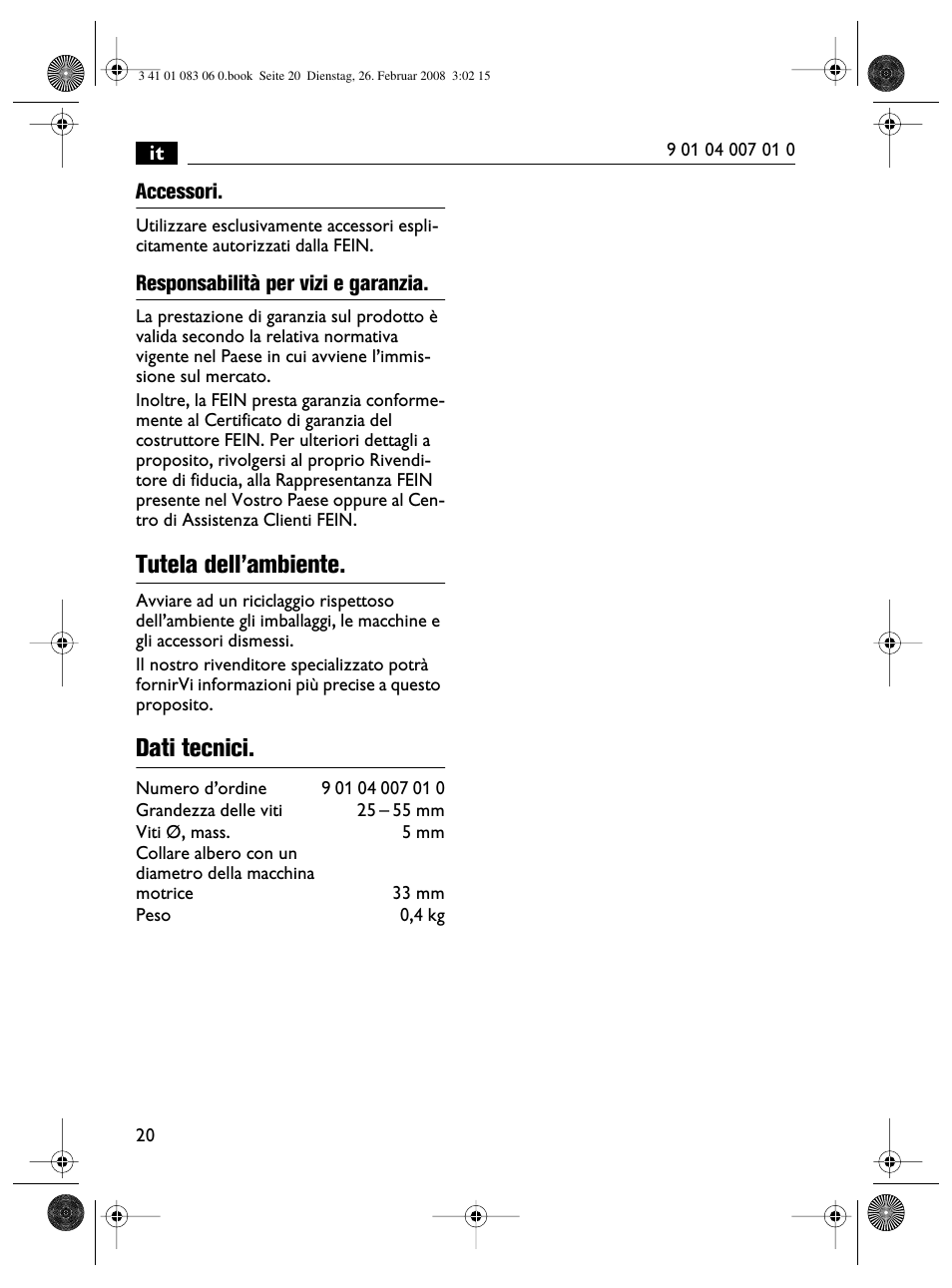 Tutela dell’ambiente, Dati tecnici | Fein SCT5-40M магазин User Manual | Page 20 / 70