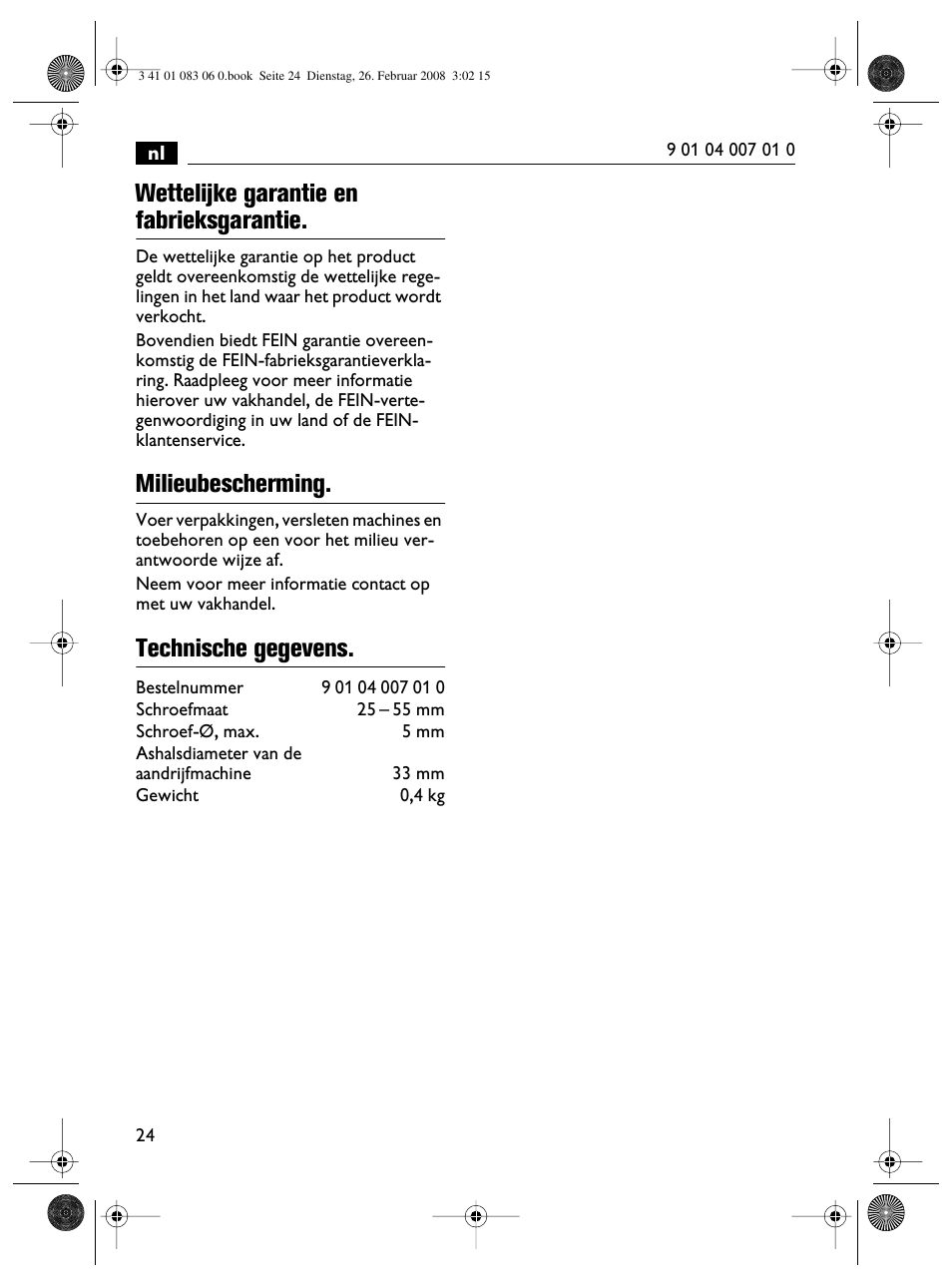 Wettelijke garantie en fabrieksgarantie, Milieubescherming, Technische gegevens | Fein SCT5-40M магазин User Manual | Page 24 / 70