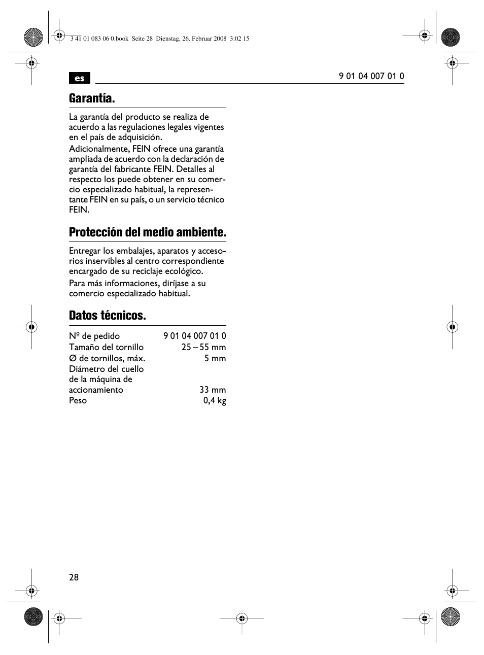 Garantía, Protección del medio ambiente, Datos técnicos | Fein SCT5-40M магазин User Manual | Page 28 / 70
