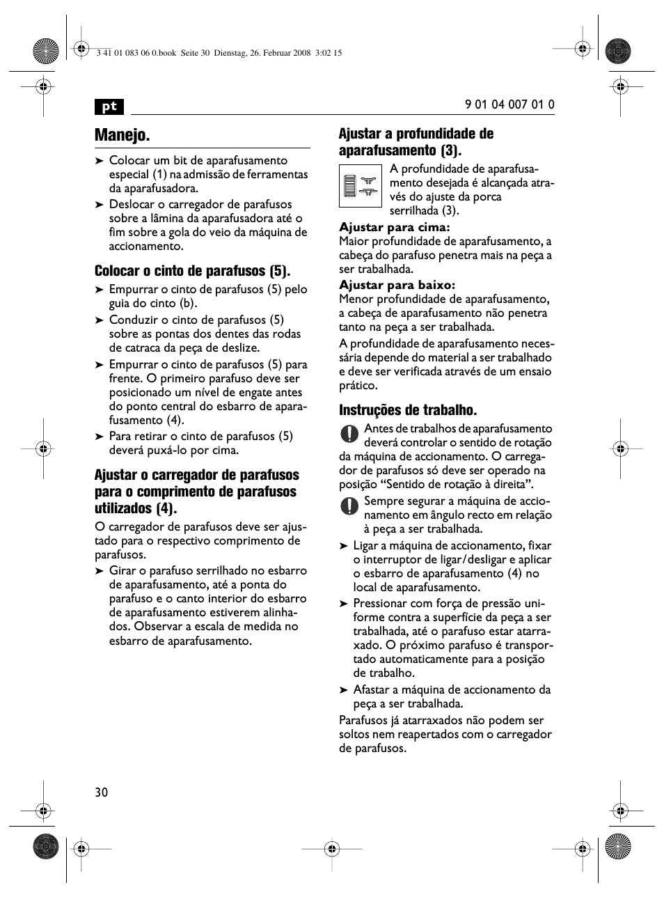 Manejo, Colocar o cinto de parafusos (5), Ajustar a profundidade de aparafusamento (3) | Instruções de trabalho | Fein SCT5-40M магазин User Manual | Page 30 / 70