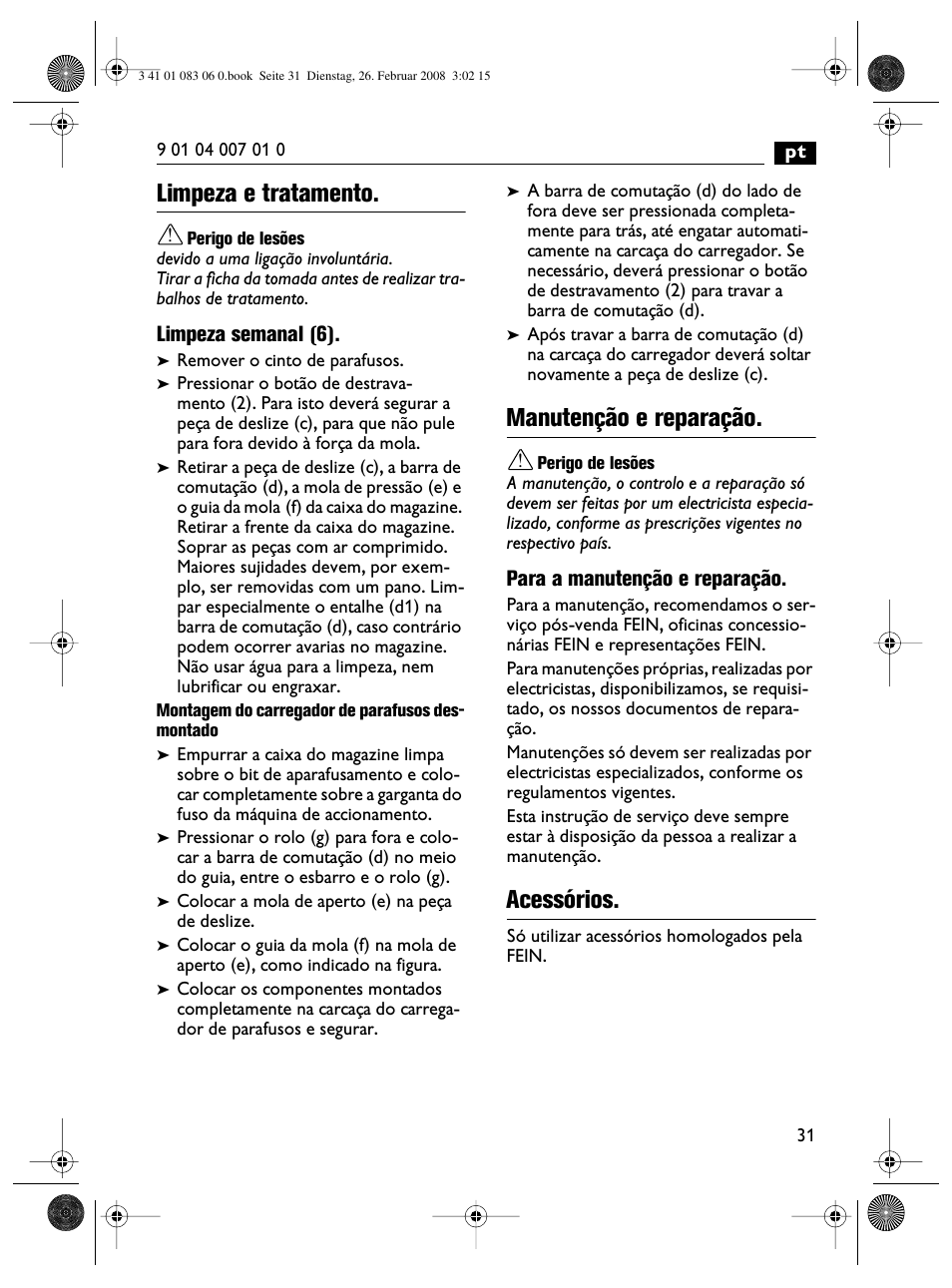 Limpeza e tratamento, Manutenção e reparação, Acessórios | Fein SCT5-40M магазин User Manual | Page 31 / 70