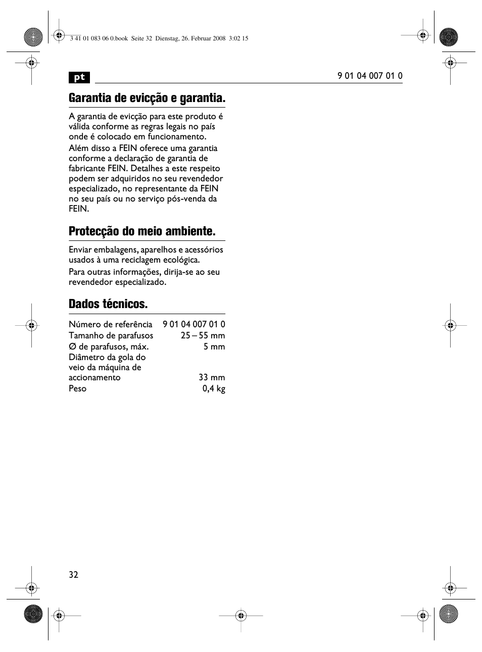 Garantia de evicção e garantia, Protecção do meio ambiente, Dados técnicos | Fein SCT5-40M магазин User Manual | Page 32 / 70