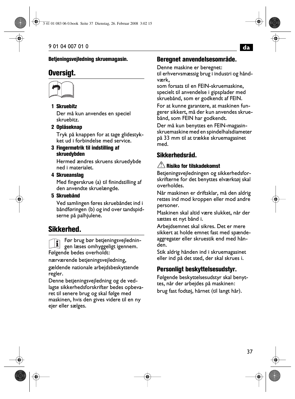 Oversigt, Sikkerhed | Fein SCT5-40M магазин User Manual | Page 37 / 70