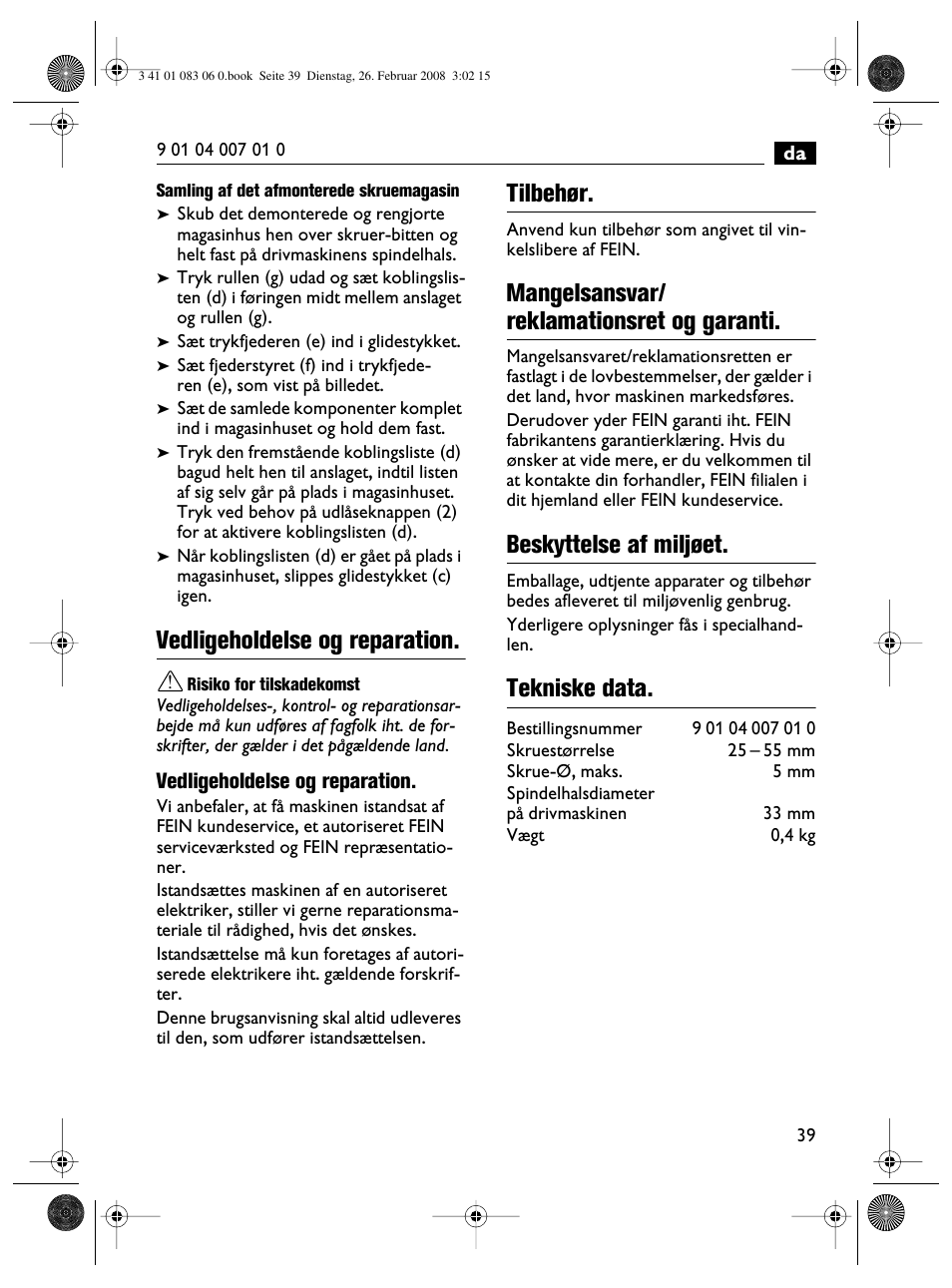Vedligeholdelse og reparation, Tilbehør, Mangelsansvar/ reklamationsret og garanti | Beskyttelse af miljøet, Tekniske data | Fein SCT5-40M магазин User Manual | Page 39 / 70