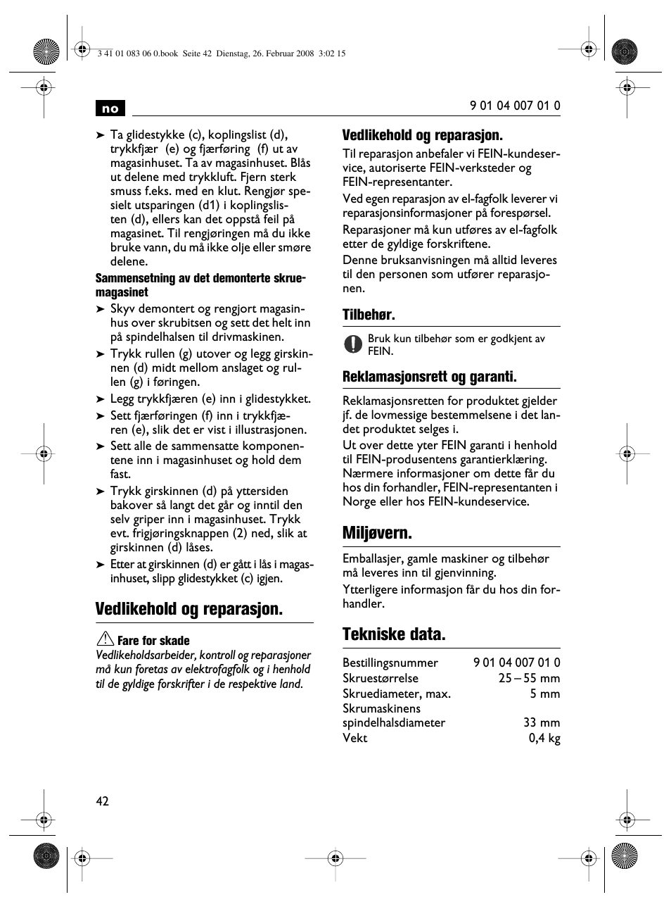 Vedlikehold og reparasjon, Miljøvern, Tekniske data | Fein SCT5-40M магазин User Manual | Page 42 / 70