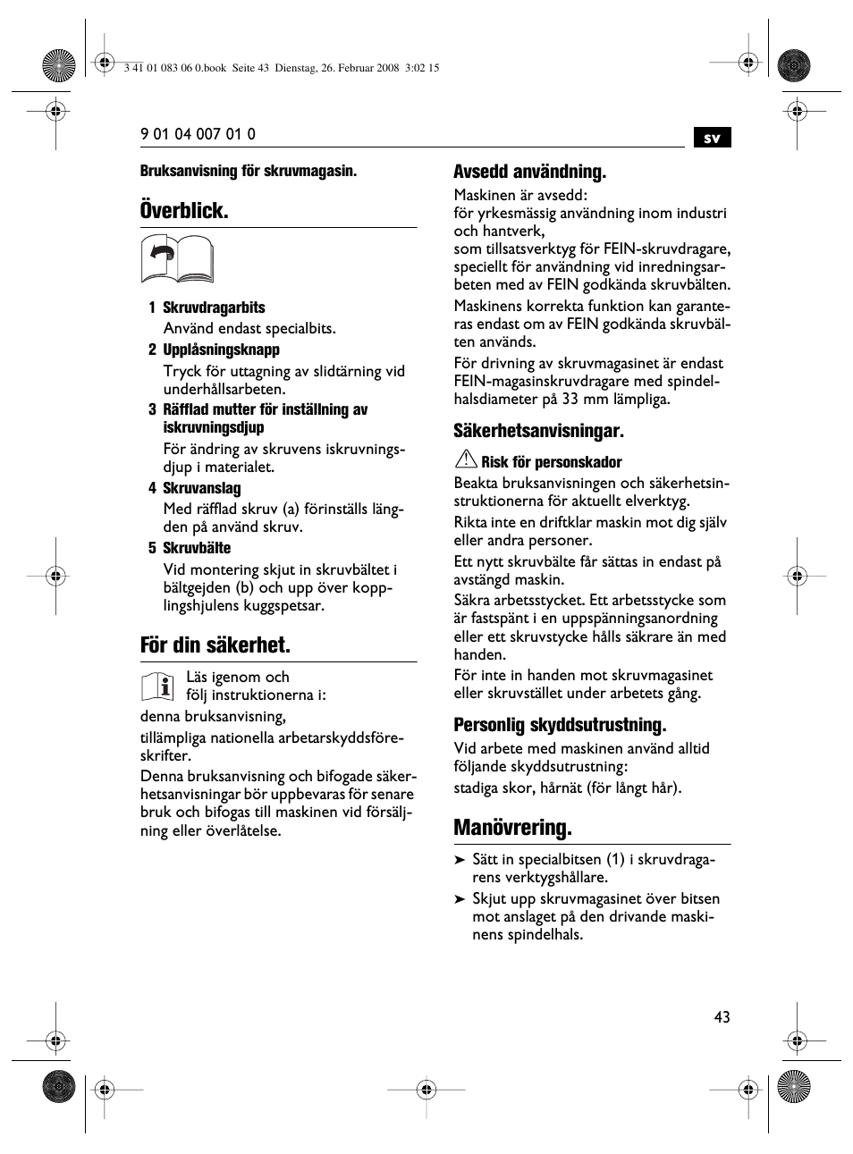 Överblick, För din säkerhet, Manövrering | Fein SCT5-40M магазин User Manual | Page 43 / 70