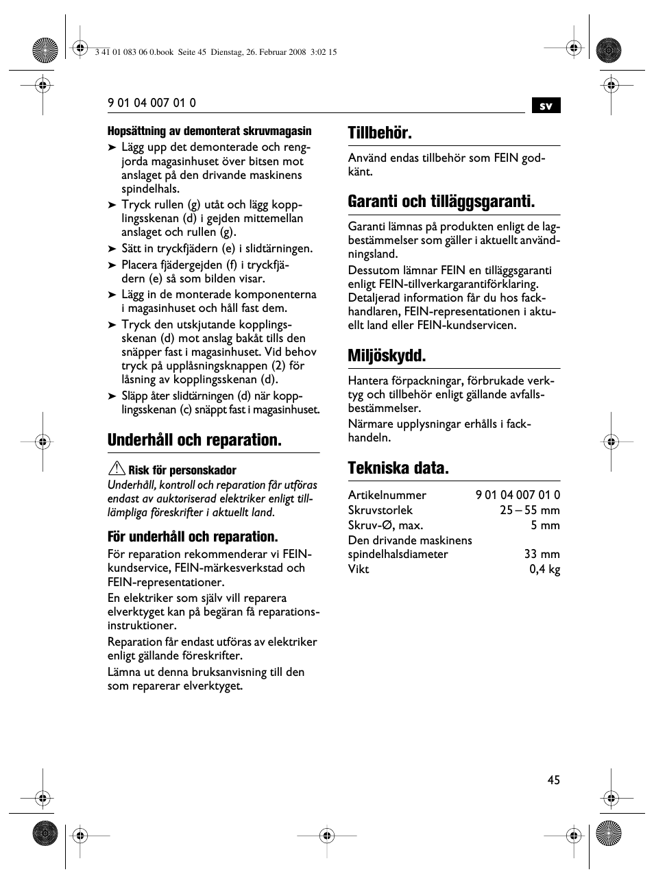 Underhåll och reparation, Tillbehör, Garanti och tilläggsgaranti | Miljöskydd, Tekniska data | Fein SCT5-40M магазин User Manual | Page 45 / 70