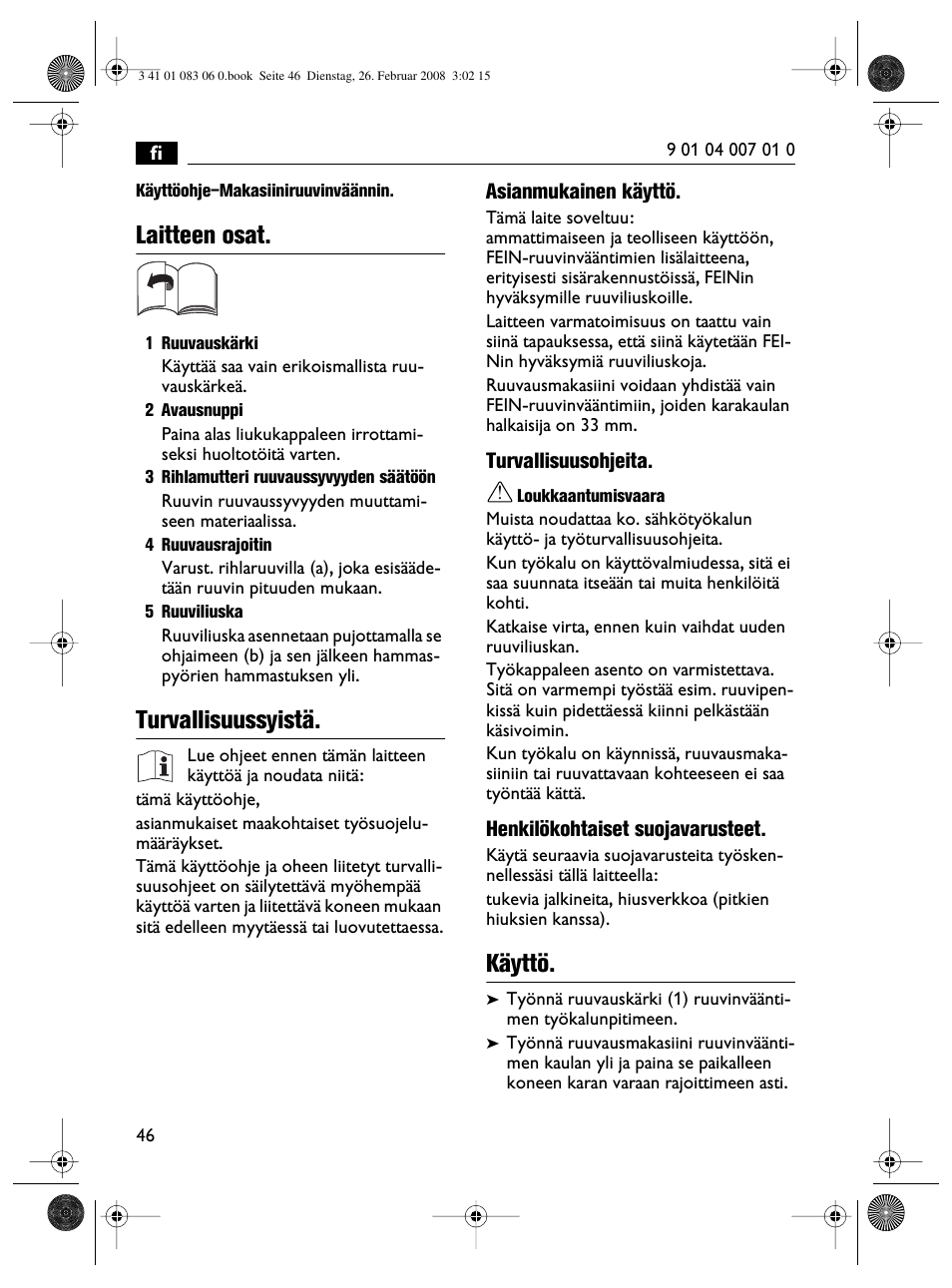 Laitteen osat, Turvallisuussyistä, Käyttö | Fein SCT5-40M магазин User Manual | Page 46 / 70