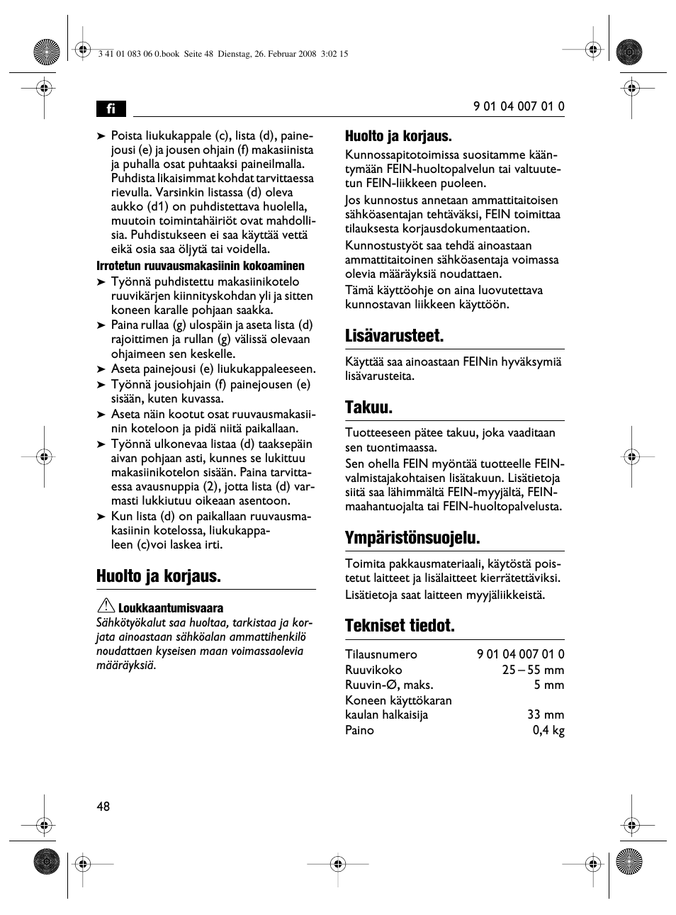 Huolto ja korjaus, Lisävarusteet, Takuu | Ympäristönsuojelu, Tekniset tiedot | Fein SCT5-40M магазин User Manual | Page 48 / 70