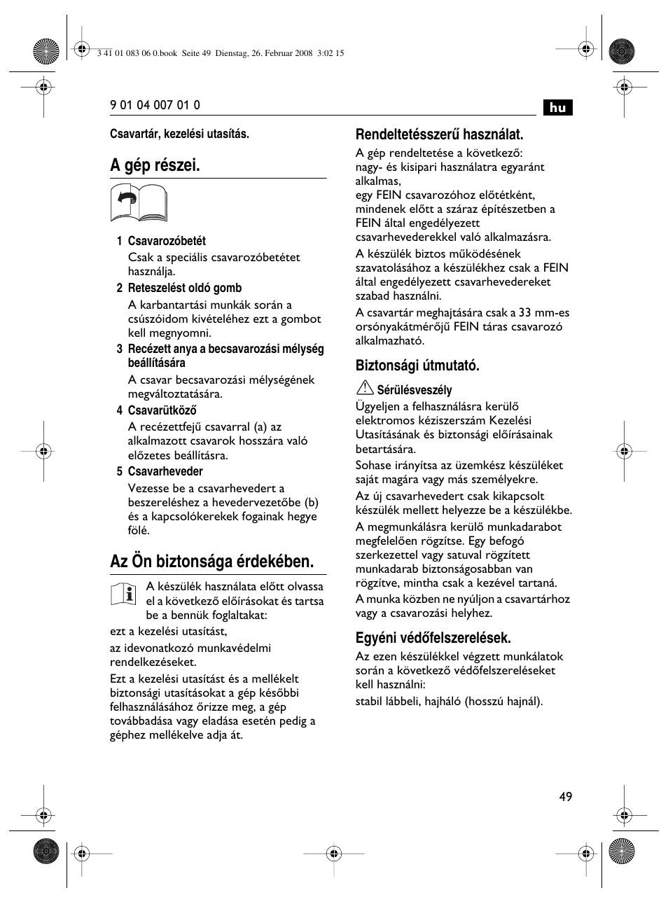 A gép részei, Az ön biztonsága érdekében | Fein SCT5-40M магазин User Manual | Page 49 / 70