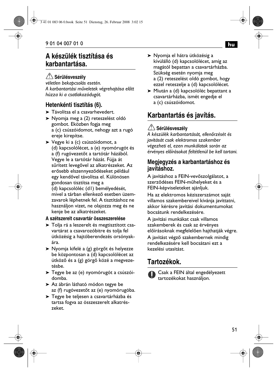 A készülék tisztítása és karbantartása, Karbantartás és javítás, Tartozékok | Fein SCT5-40M магазин User Manual | Page 51 / 70