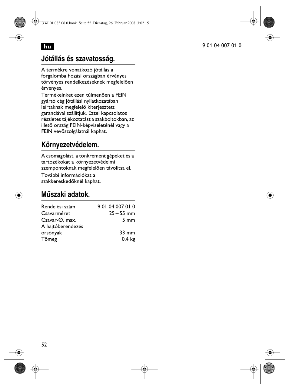 Jótállás és szavatosság, Környezetvédelem, Mıszaki adatok | Fein SCT5-40M магазин User Manual | Page 52 / 70