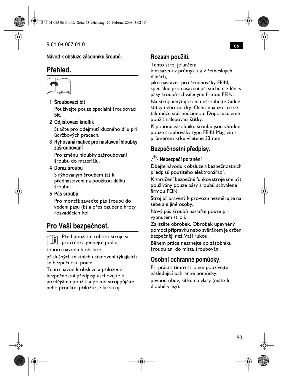 Pﬁehled, Pro va‰i bezpeãnost | Fein SCT5-40M магазин User Manual | Page 53 / 70