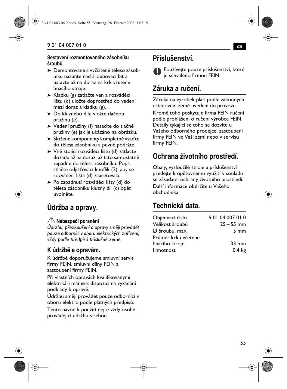 Údrïba a opravy, Pﬁíslu‰enství, Záruka a ruãení | Ochrana ïivotního prostﬁedí, Technická data | Fein SCT5-40M магазин User Manual | Page 55 / 70