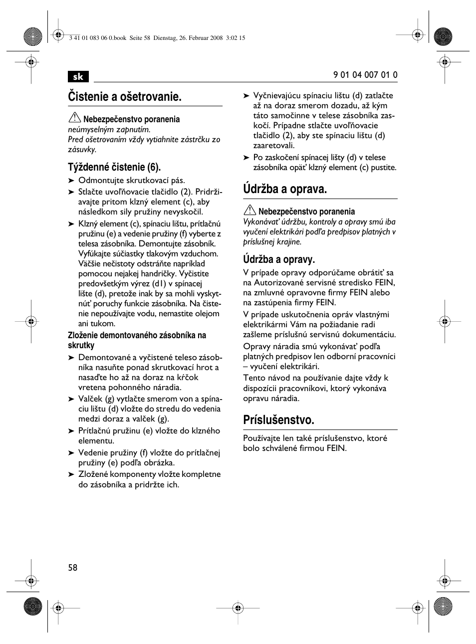 Âistenie a o‰etrovanie, Údrïba a oprava, Príslu‰enstvo | Fein SCT5-40M магазин User Manual | Page 58 / 70