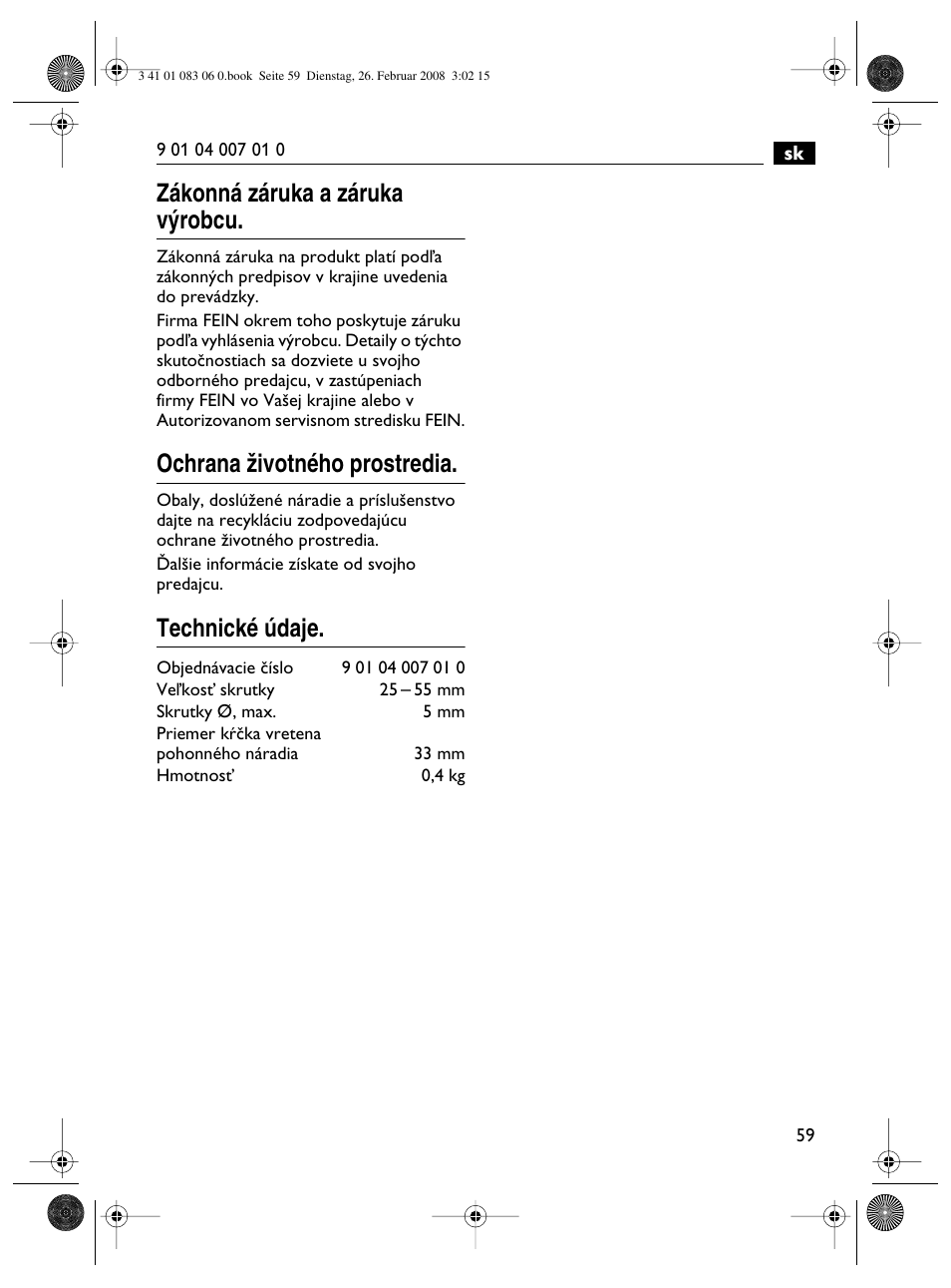 Zákonná záruka a záruka v˘robcu, Ochrana ïivotného prostredia, Technické údaje | Fein SCT5-40M магазин User Manual | Page 59 / 70