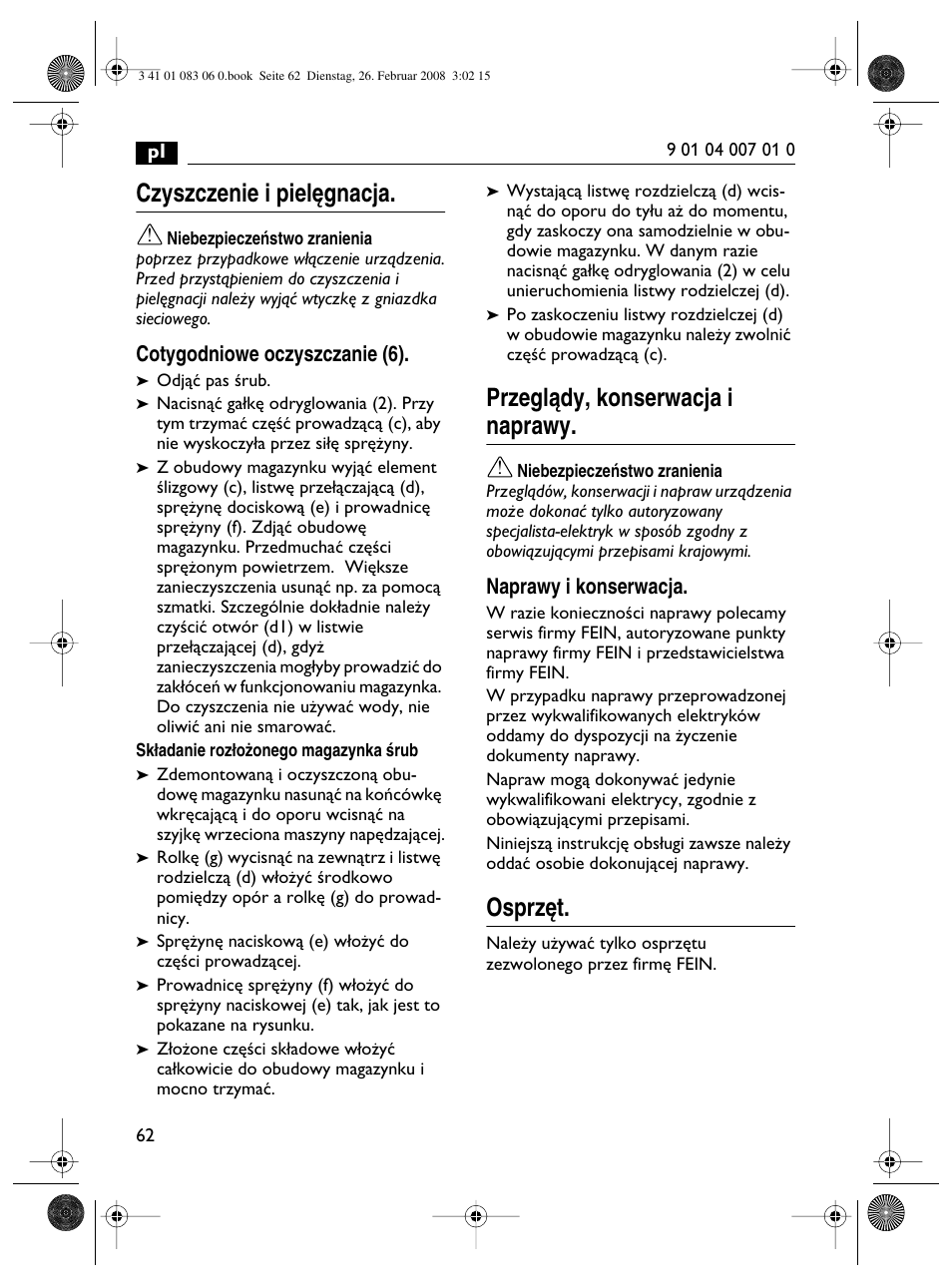 Czyszczenie i piel´gnacja, Przeglàdy, konserwacja i naprawy, Osprz´t | Fein SCT5-40M магазин User Manual | Page 62 / 70