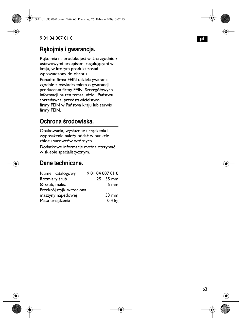 R´kojmia i gwarancja, Ochrona êrodowiska, Dane techniczne | Fein SCT5-40M магазин User Manual | Page 63 / 70