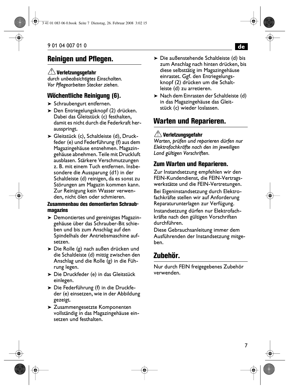Reinigen und pflegen, Warten und reparieren, Zubehör | Fein SCT5-40M магазин User Manual | Page 7 / 70