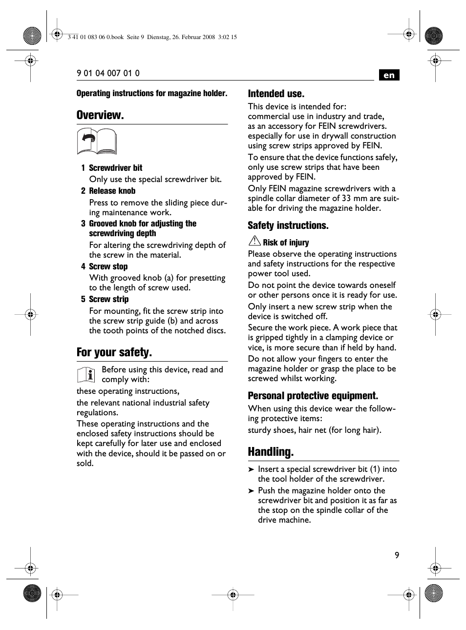 Overview, For your safety, Handling | Fein SCT5-40M магазин User Manual | Page 9 / 70