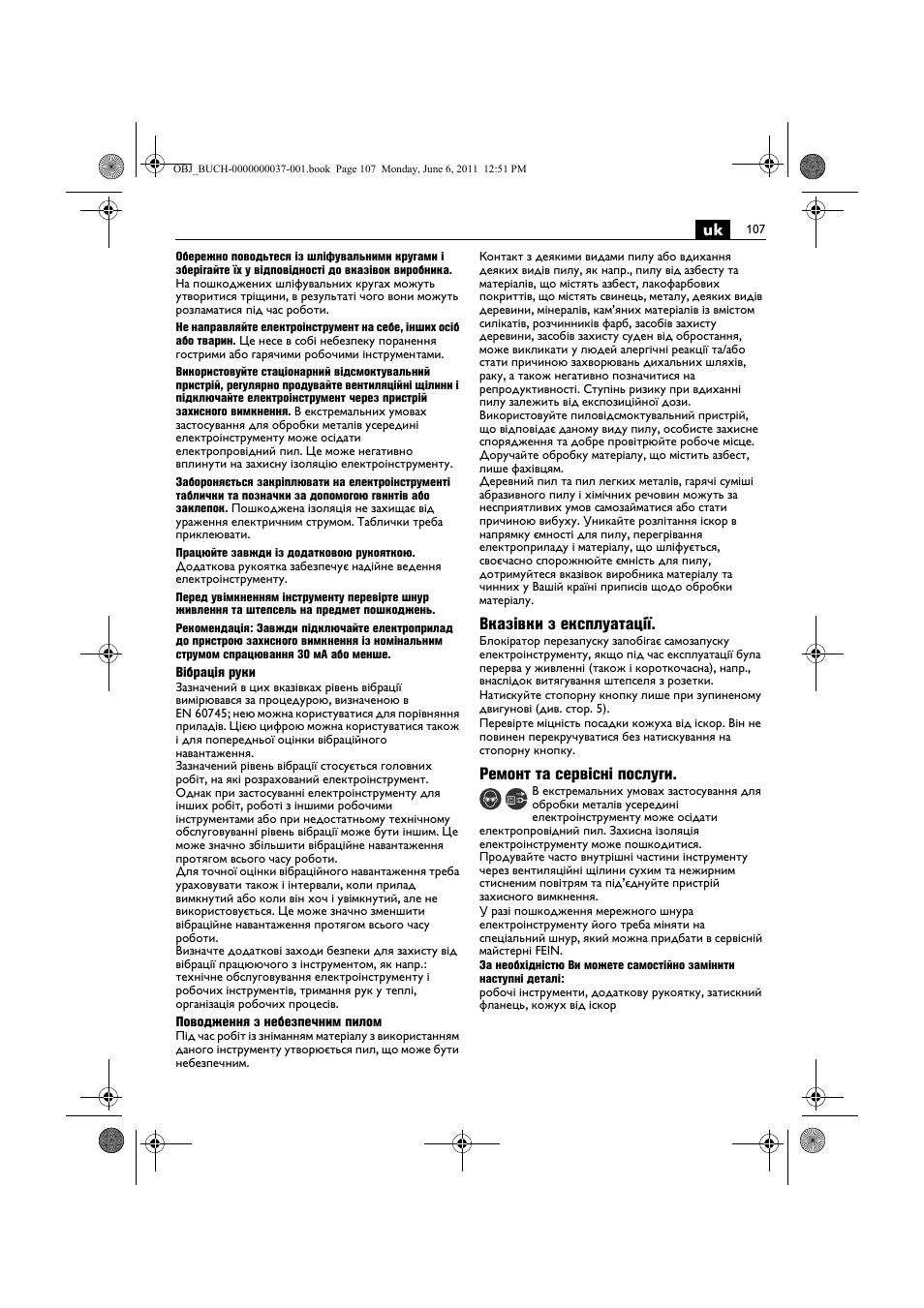 Вказівки з експлуатації, Ремонт та сервісні послуги | Fein KS 10-38E User Manual | Page 107 / 155