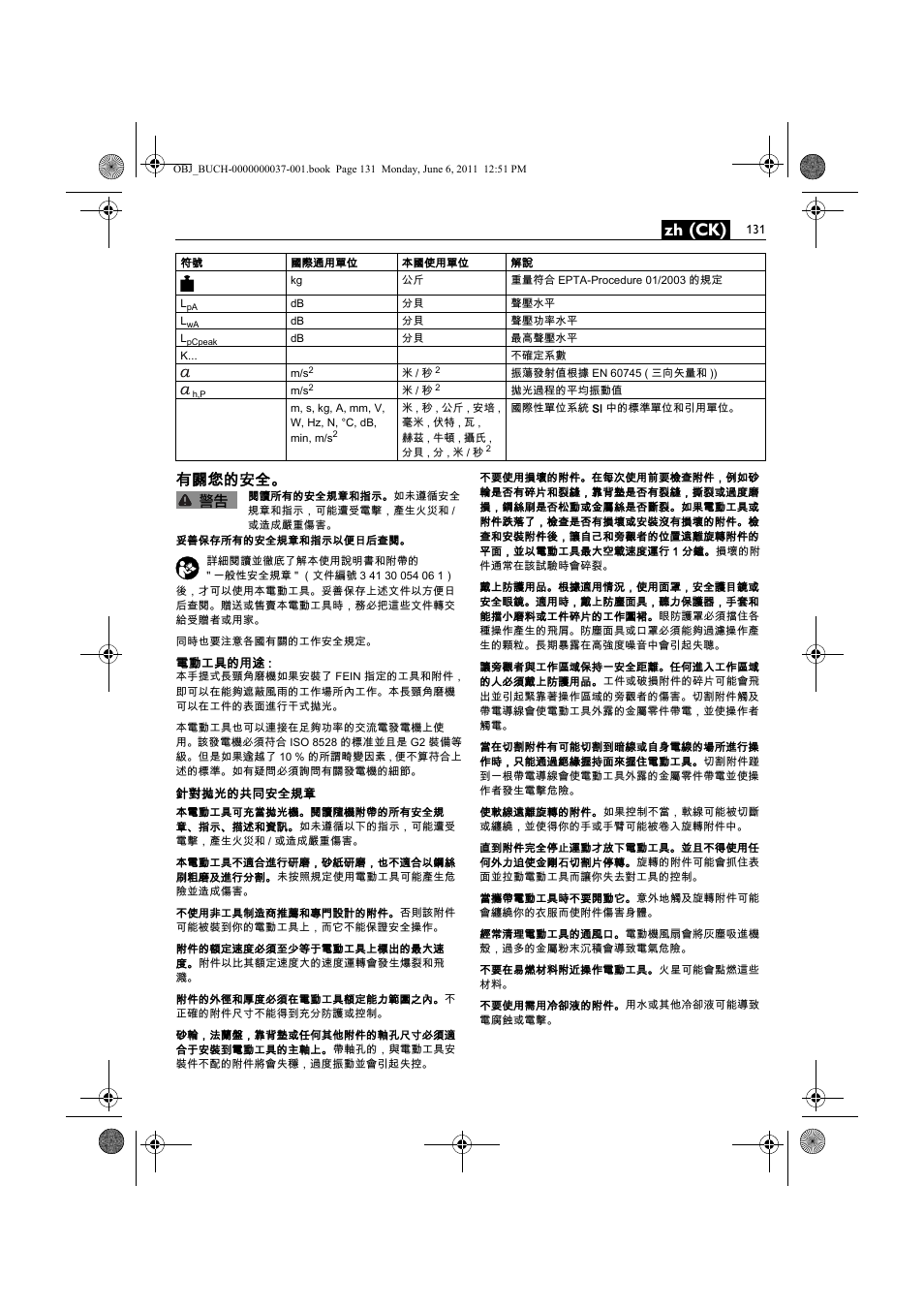 Zh (ck), 有關您的安全 | Fein KS 10-38E User Manual | Page 131 / 155