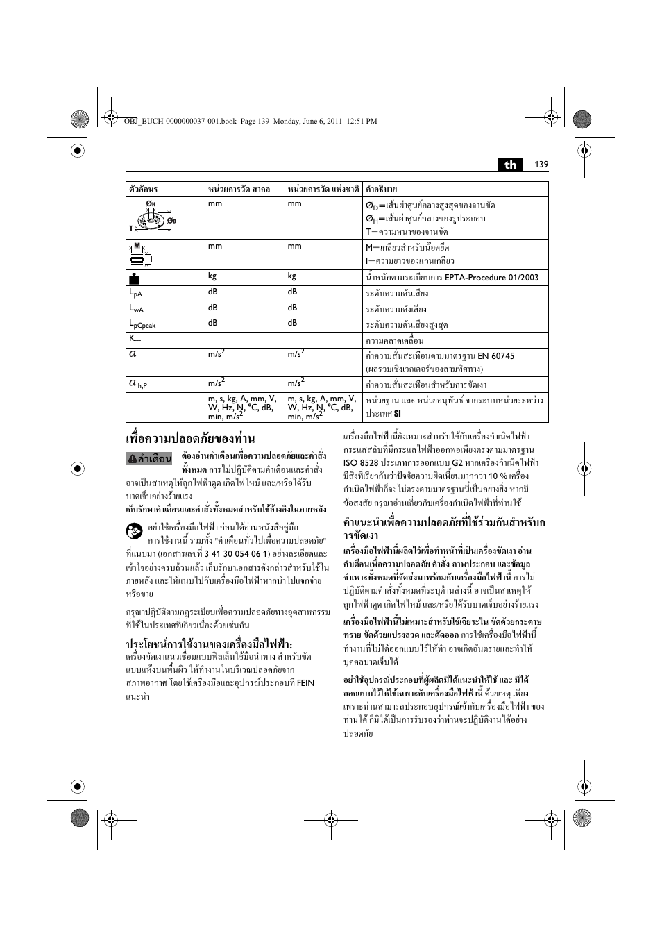 เพื่อความปลอดภัยของทาน, ประโยชนการใชงานของเครื่องมือไฟฟา | Fein KS 10-38E User Manual | Page 139 / 155