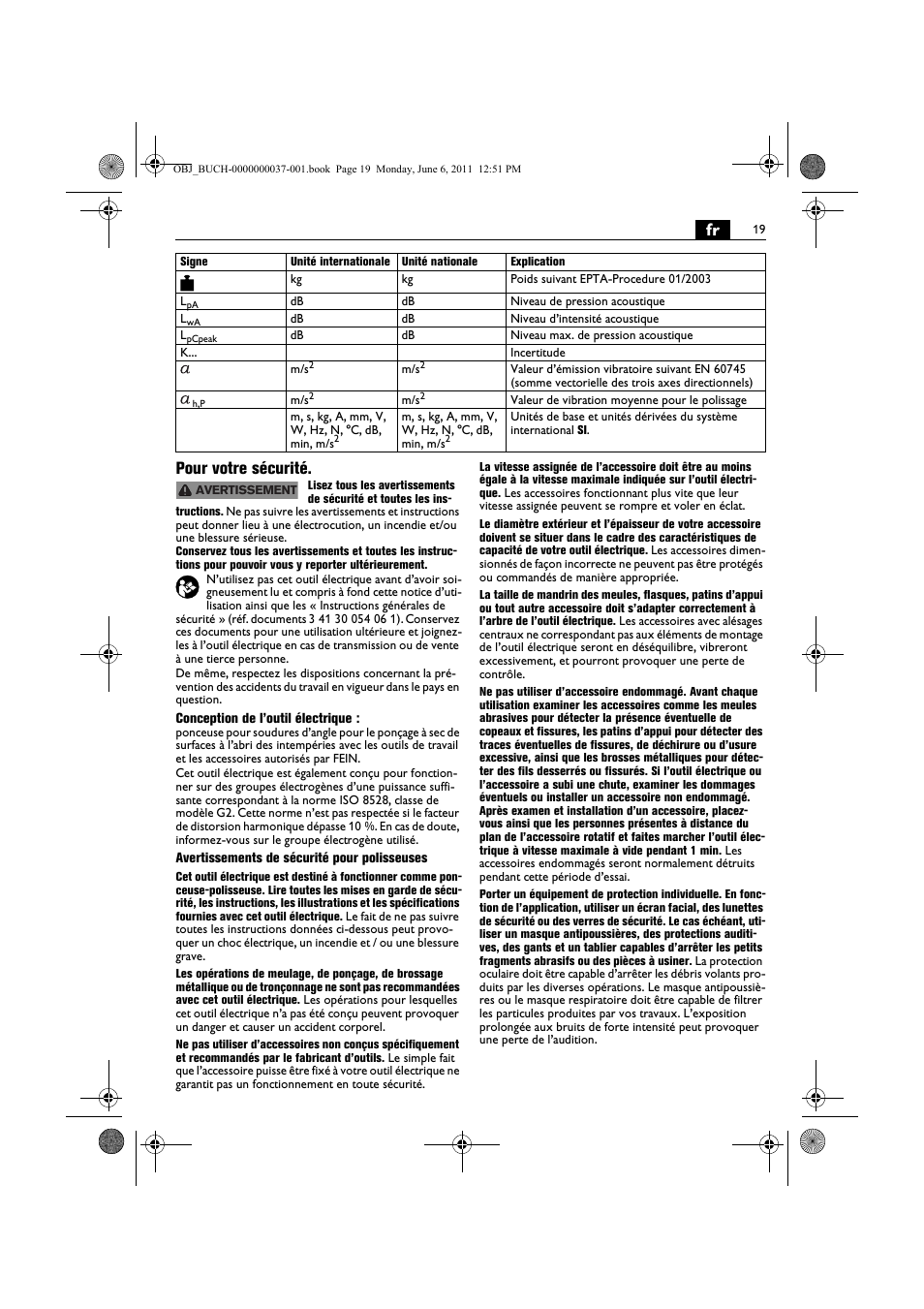 Fr pour votre sécurité | Fein KS 10-38E User Manual | Page 19 / 155