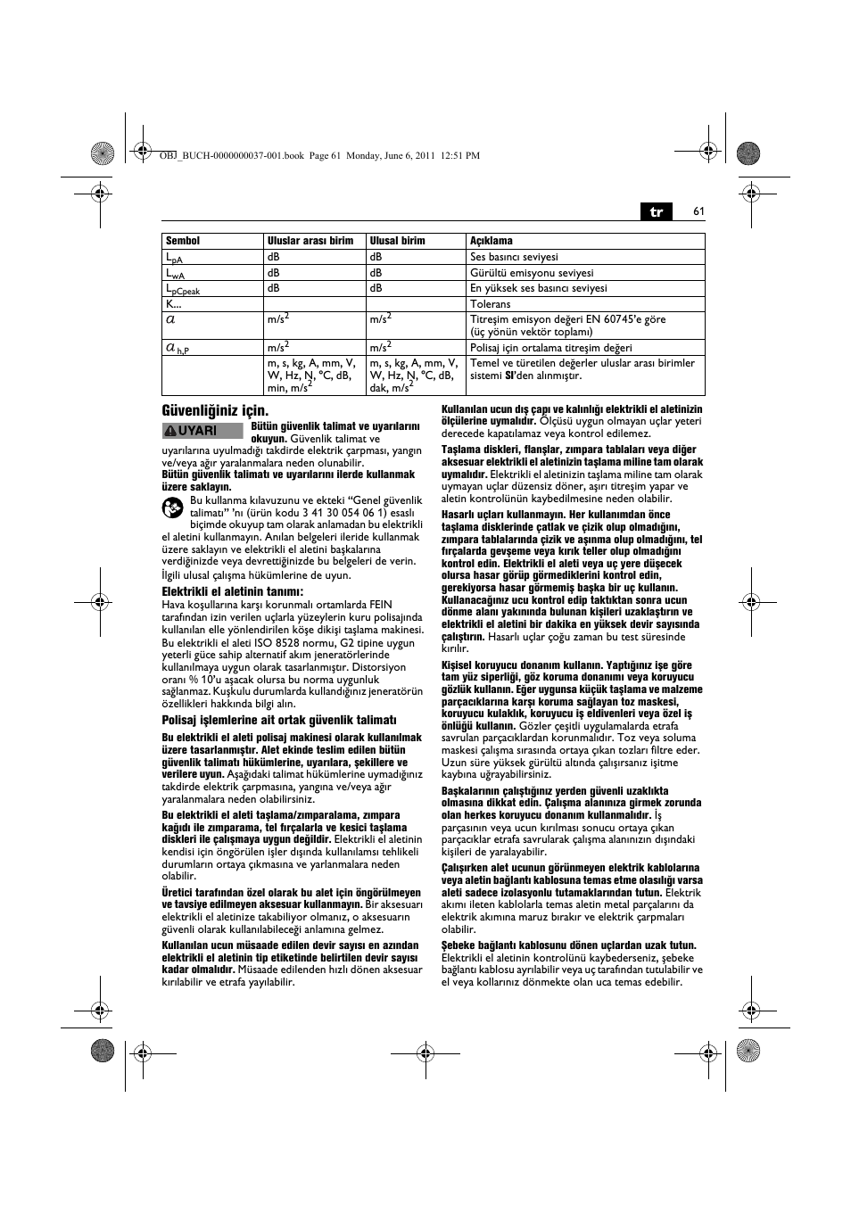 Tr güvenliğiniz için | Fein KS 10-38E User Manual | Page 61 / 155