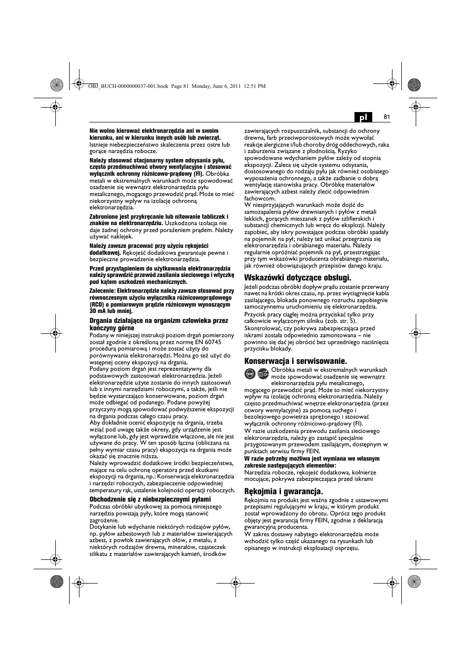 Wskazówki dotyczące obsługi, Konserwacja i serwisowanie, Rękojmia i gwarancja | Fein KS 10-38E User Manual | Page 81 / 155