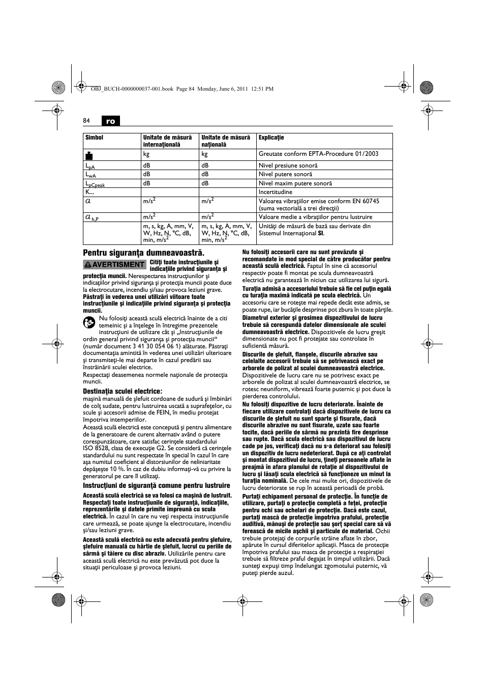 Ro pentru siguranţa dumneavoastră | Fein KS 10-38E User Manual | Page 84 / 155
