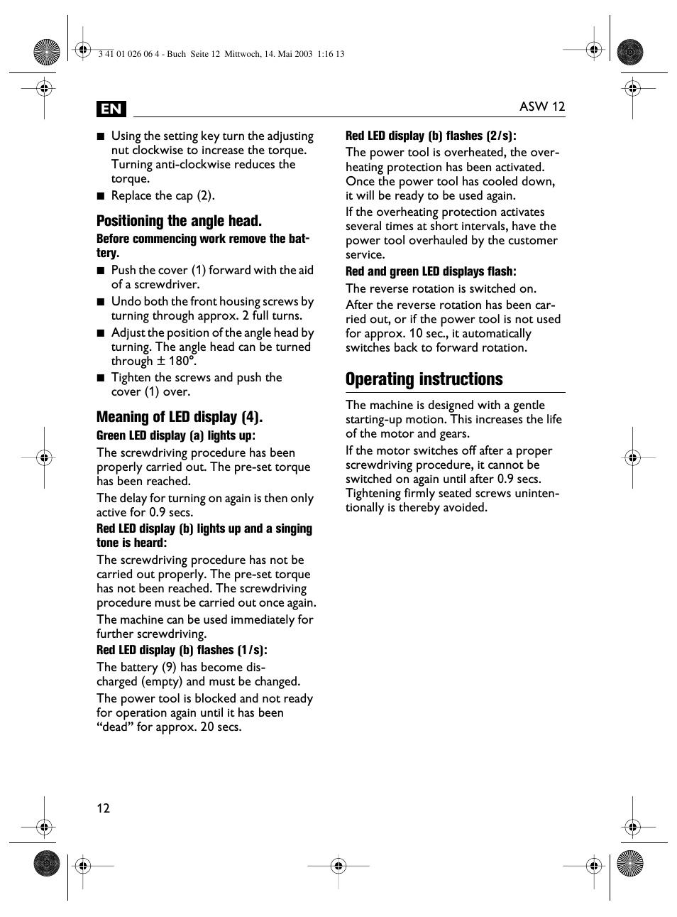Operating instructions, Positioning the angle head, Meaning of led display (4) | Fein ASW12-25 User Manual | Page 12 / 95