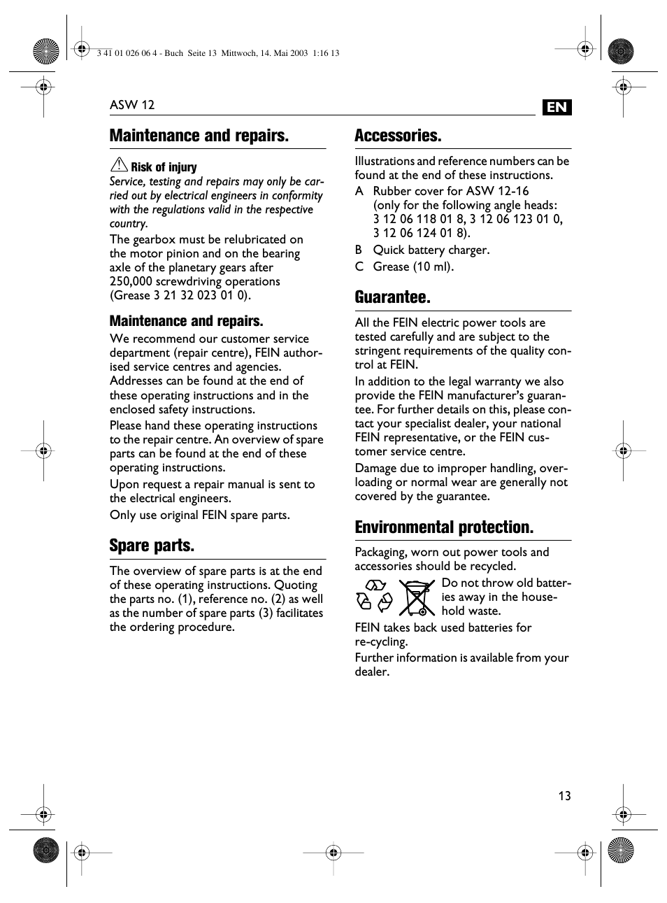 Maintenance and repairs, Spare parts, Accessories | Guarantee, Environmental protection | Fein ASW12-25 User Manual | Page 13 / 95