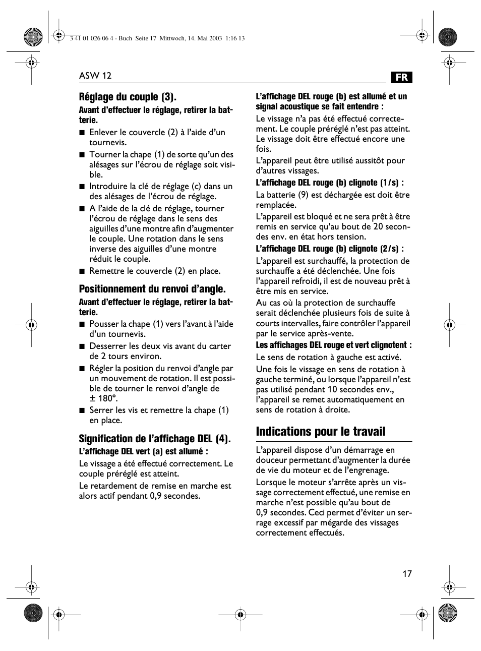 Indications pour le travail, Réglage du couple (3), Positionnement du renvoi d’angle | Signification de l’affichage del (4) | Fein ASW12-25 User Manual | Page 17 / 95