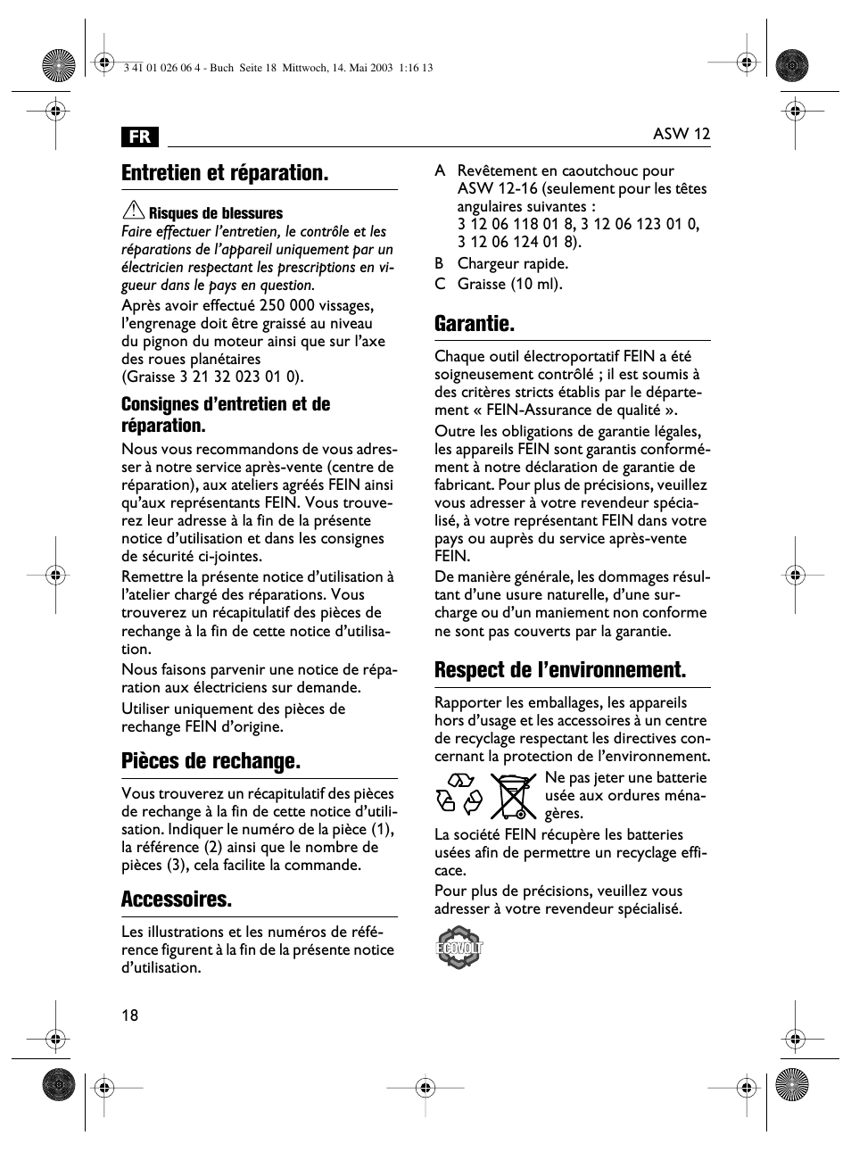 Entretien et réparation, Pièces de rechange, Accessoires | Garantie, Respect de l’environnement | Fein ASW12-25 User Manual | Page 18 / 95