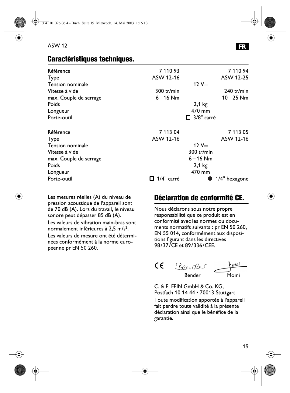 Caractéristiques techniques, Déclaration de conformité ce | Fein ASW12-25 User Manual | Page 19 / 95