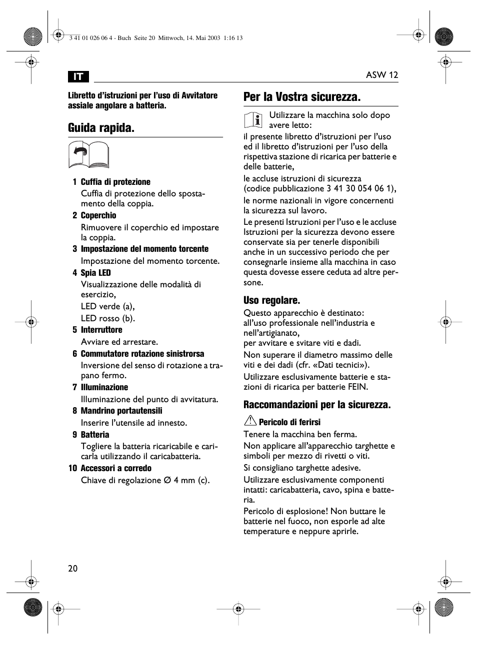 Guida rapida, Per la vostra sicurezza | Fein ASW12-25 User Manual | Page 20 / 95