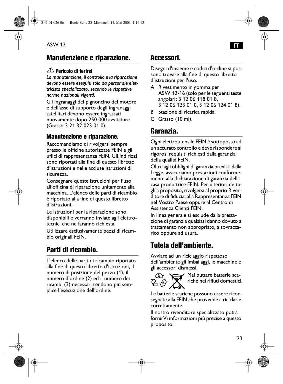 Manutenzione e riparazione, Parti di ricambio, Accessori | Garanzia, Tutela dell’ambiente | Fein ASW12-25 User Manual | Page 23 / 95