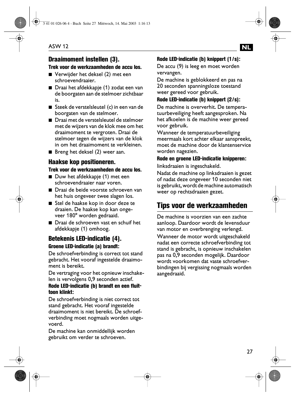 Tips voor de werkzaamheden, Draaimoment instellen (3), Haakse kop positioneren | Betekenis led-indicatie (4) | Fein ASW12-25 User Manual | Page 27 / 95