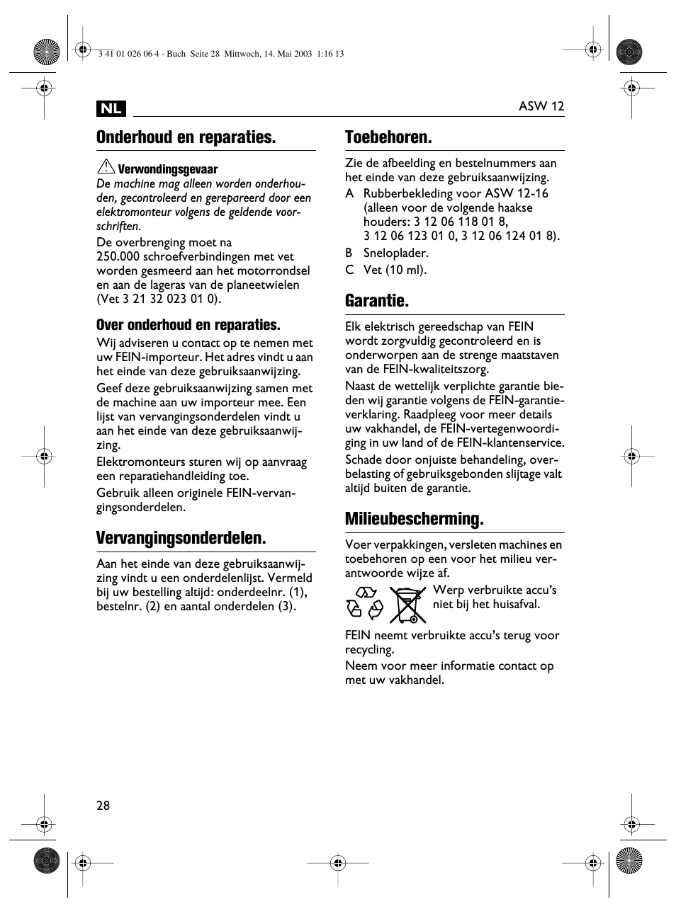 Onderhoud en reparaties, Vervangingsonderdelen, Toebehoren | Garantie, Milieubescherming | Fein ASW12-25 User Manual | Page 28 / 95