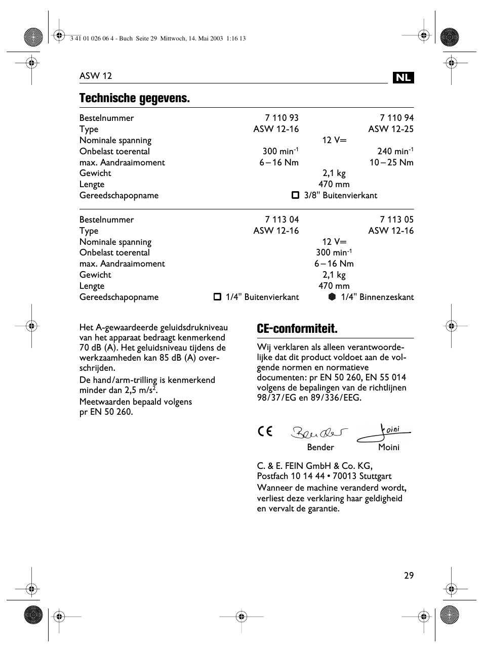 Technische gegevens, Ce-conformiteit | Fein ASW12-25 User Manual | Page 29 / 95