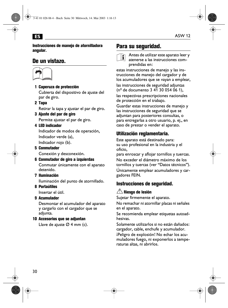De un vistazo, Para su seguridad | Fein ASW12-25 User Manual | Page 30 / 95