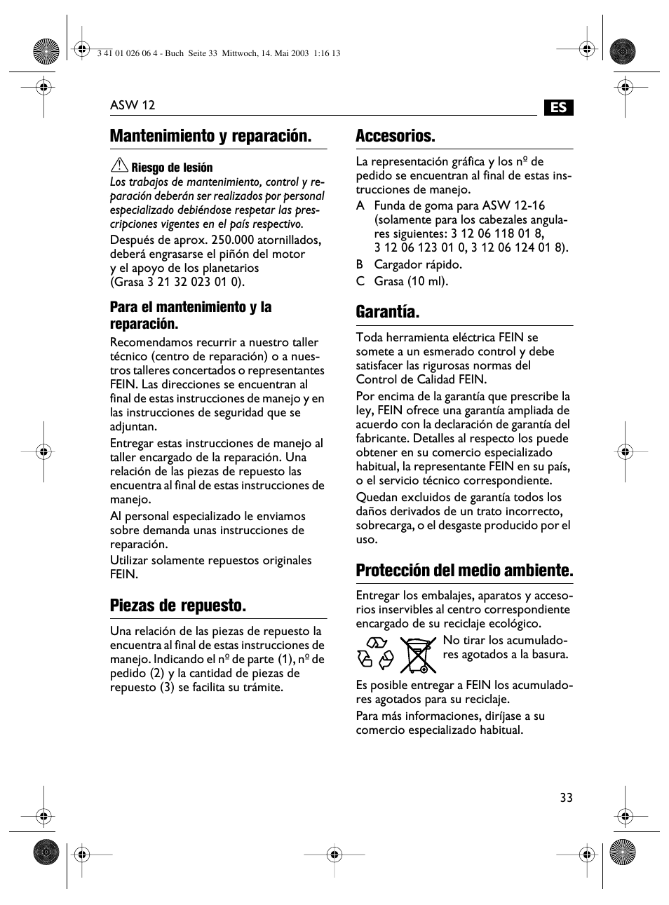 Mantenimiento y reparación, Piezas de repuesto, Accesorios | Garantía, Protección del medio ambiente | Fein ASW12-25 User Manual | Page 33 / 95