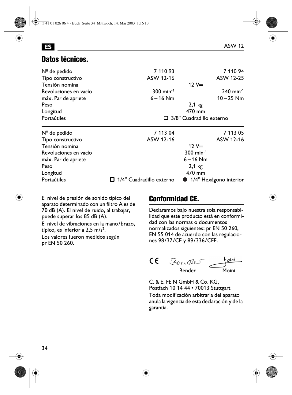Datos técnicos, Conformidad ce | Fein ASW12-25 User Manual | Page 34 / 95