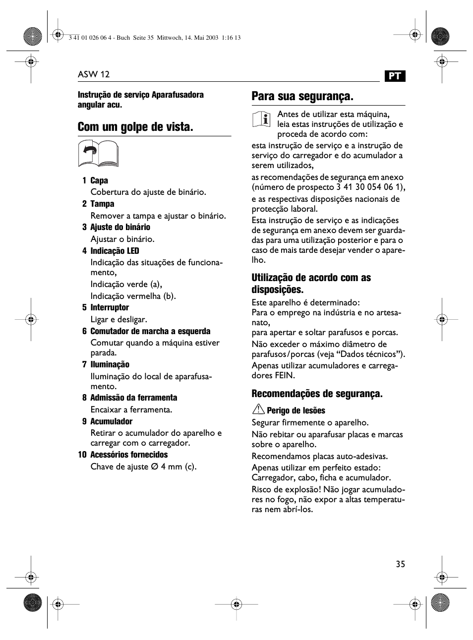 Com um golpe de vista, Para sua segurança | Fein ASW12-25 User Manual | Page 35 / 95